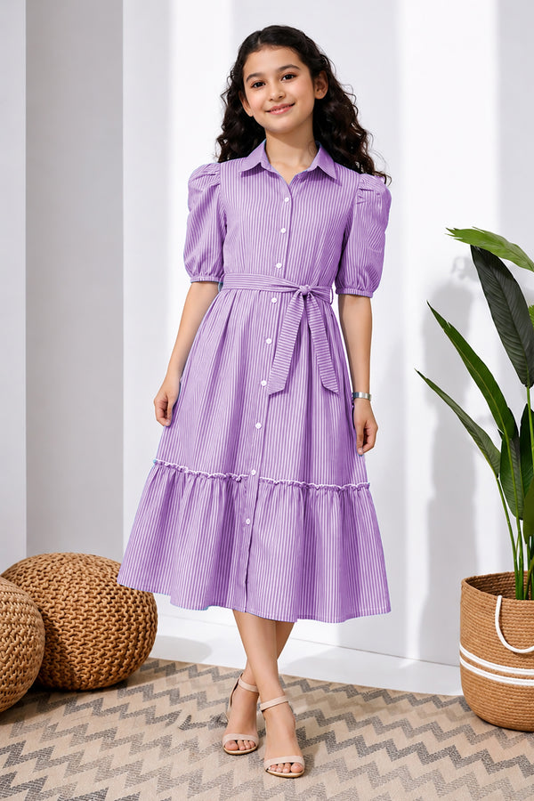 Girls Purple Striped Cotton Blend Frock for Casual Wear