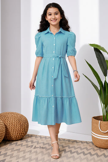 Girls Light Blue Striped Printed Cotton Midi Length Dress