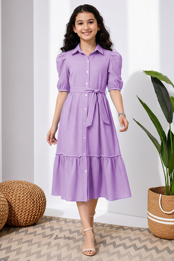 Girls Purple Striped Cotton Blend Frock for Casual Wear