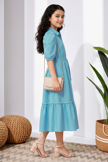 Girls Light Blue Striped Printed Cotton Midi Length Dress