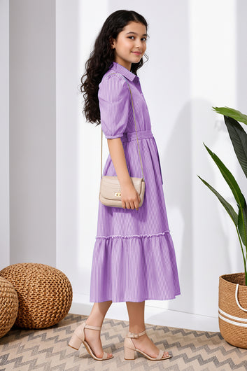 Girls Purple Striped Cotton Blend Frock for Casual Wear