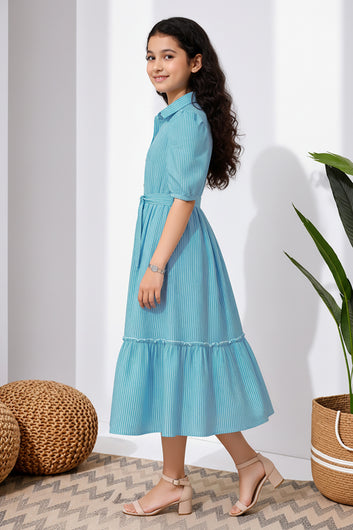 Girls Light Blue Striped Printed Cotton Midi Length Dress