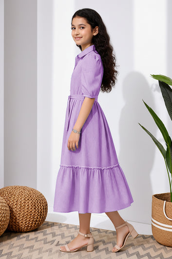Girls Purple Striped Cotton Blend Frock for Casual Wear