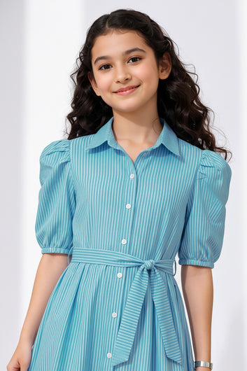 Girls Light Blue Striped Printed Cotton Midi Length Dress