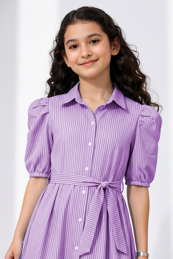 Girls Purple Striped Cotton Blend Frock for Casual Wear