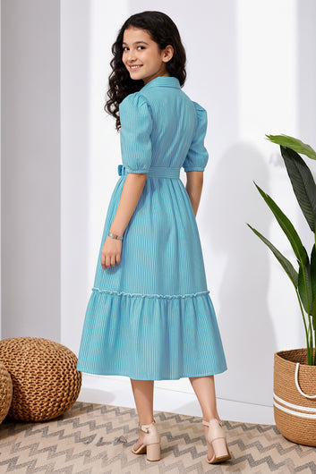 Girls Light Blue Striped Printed Cotton Midi Length Dress