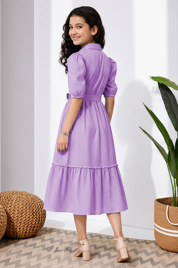 Girls Purple Striped Cotton Blend Frock for Casual Wear