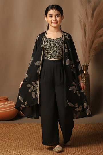 Girls Off White Georgette Printed Straight Ethnic Jacket, Choli With Palazzo Set