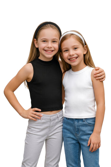 Girls Muticolor Rib Solid, Crew Neck Combo Crop Top Girls Causal Top