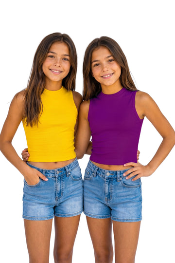 Girls Muticolor Rib Solid, Crew Neck Combo Crop Top Girls Causal Top