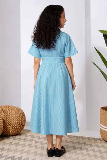 Girls Light Blue Cotton Printed Frock