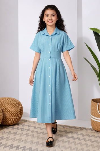 Girls Light Blue Cotton Printed Frock
