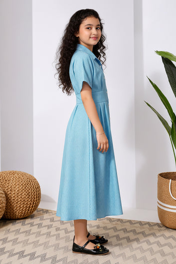 Girls Light Blue Cotton Printed Frock