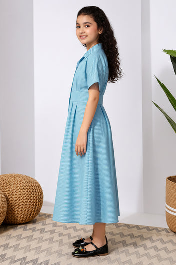 Girls Light Blue Cotton Printed Frock