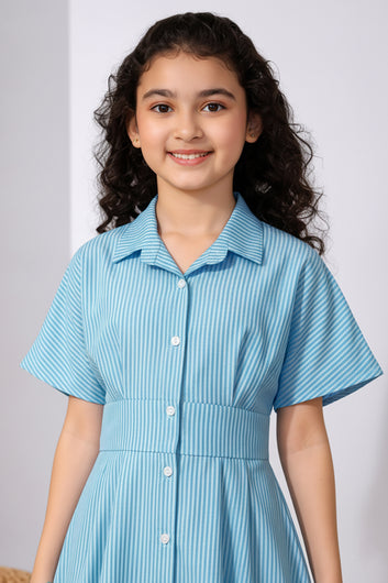 Girls Light Blue Cotton Printed Frock