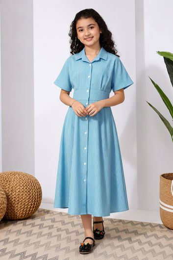 Girls Light Blue Cotton Printed Frock