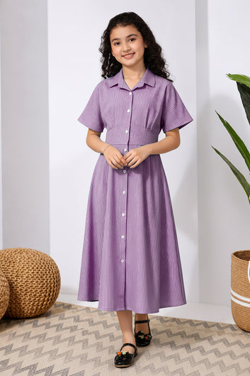 Girls Purple Cotton Blend Striped Pattern Short Sleeve Shirt Collar Girls Causal Frock
