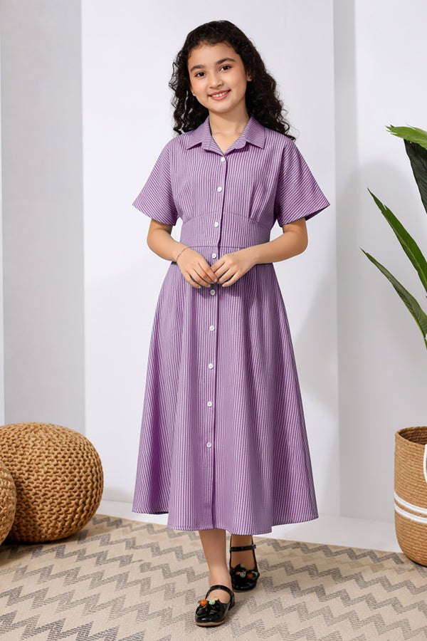 Girls Purple Cotton Blend Striped Pattern Short Sleeve Shirt Collar Girls Causal Frock