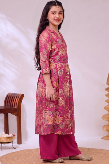 Girl's Rani Chanderi Silk Printed Front Slit Kurta and Palazzo Set