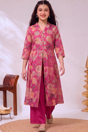 Girl's Rani Chanderi Silk Printed Front Slit Kurta and Palazzo Set