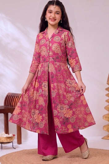 Girl's Rani Chanderi Silk Printed Front Slit Kurta and Palazzo Set