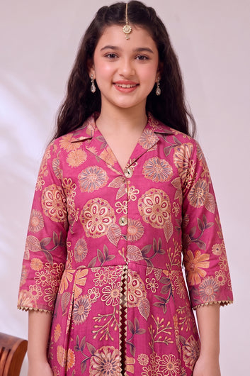 Girl's Rani Chanderi Silk Printed Front Slit Kurta and Palazzo Set