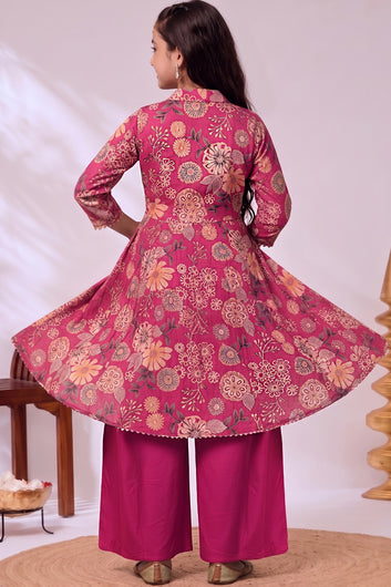 Girl's Rani Chanderi Silk Printed Front Slit Kurta and Palazzo Set