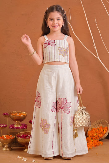 Girls Off White Roman Silk Embroidered Top Palazzo Girls Ethnic Outfit Co ords Set