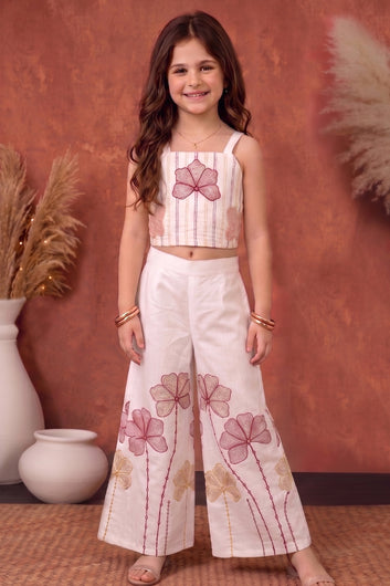 Girls Off White Roman Silk Embroidered Top Palazzo Girls Ethnic Outfit Co ords Set