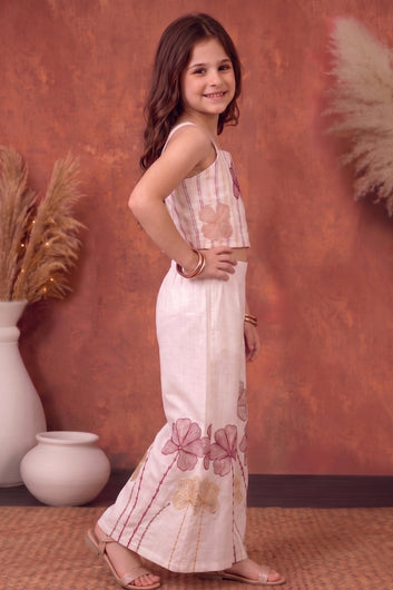 Girls Off White Roman Silk Embroidered Top Palazzo Girls Ethnic Outfit Co ords Set