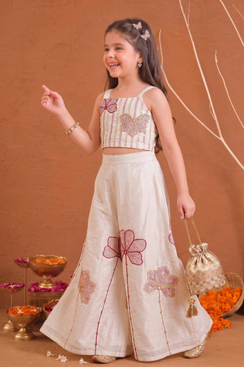 Girls Off White Roman Silk Embroidered Top Palazzo Girls Ethnic Outfit Co ords Set