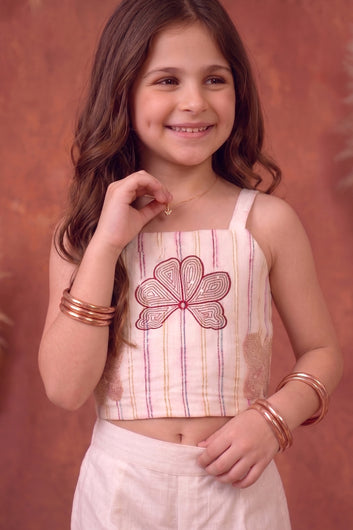 Girls Off White Roman Silk Embroidered Top Palazzo Girls Ethnic Outfit Co ords Set