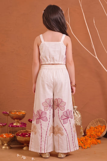 Girls Off White Roman Silk Embroidered Top Palazzo Girls Ethnic Outfit Co ords Set