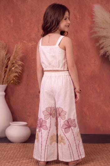 Girls Off White Roman Silk Embroidered Top Palazzo Girls Ethnic Outfit Co ords Set