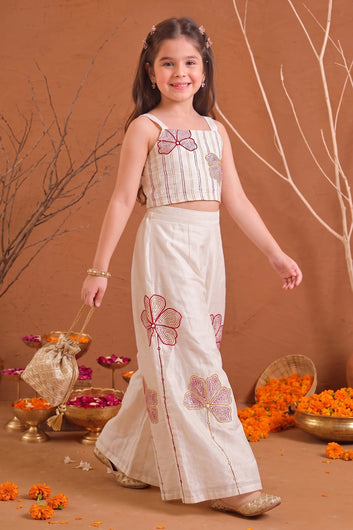 Girls Off White Roman Silk Embroidered Top Palazzo Girls Ethnic Outfit Co ords Set