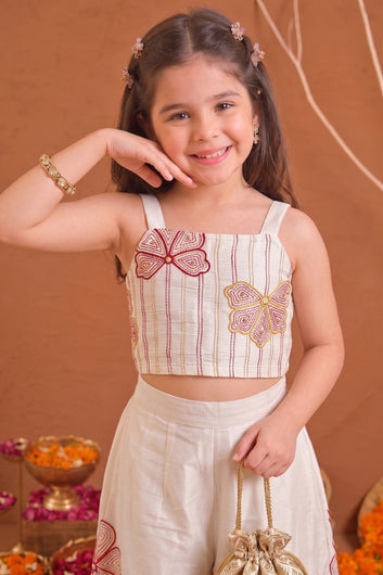 Girls Off White Roman Silk Embroidered Top Palazzo Girls Ethnic Outfit Co ords Set