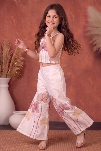 Girls Off White Roman Silk Embroidered Top Palazzo Girls Ethnic Outfit Co ords Set
