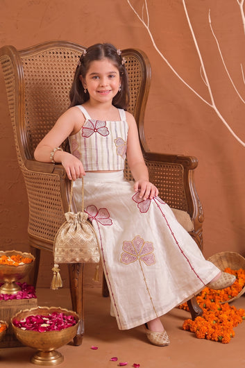 Girls Off White Roman Silk Embroidered Top Palazzo Girls Ethnic Outfit Co ords Set