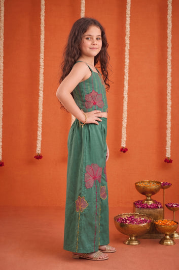 Girls Olive Silk Blend Embroidered Crop Top and Palazzo Ethnic Outfit Set