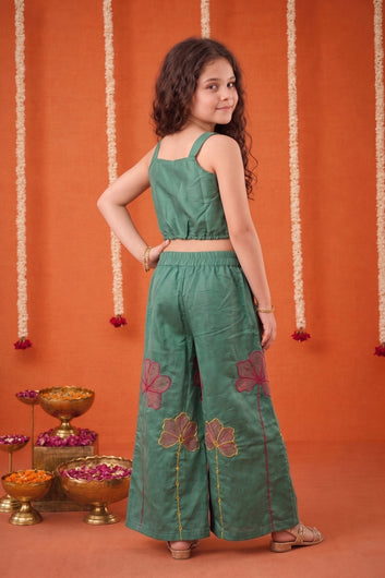 Girls Olive Silk Blend Embroidered Crop Top and Palazzo Ethnic Outfit Set