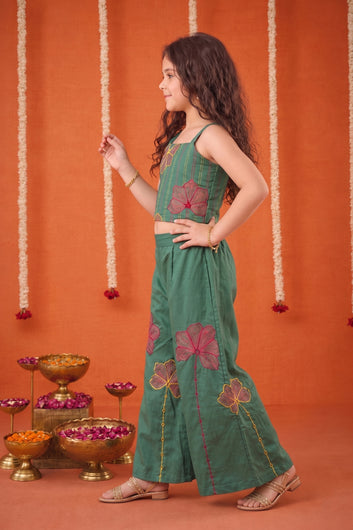 Girls Olive Silk Blend Embroidered Crop Top and Palazzo Ethnic Outfit Set