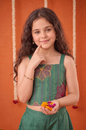 Girls Olive Silk Blend Embroidered Crop Top and Palazzo Ethnic Outfit Set