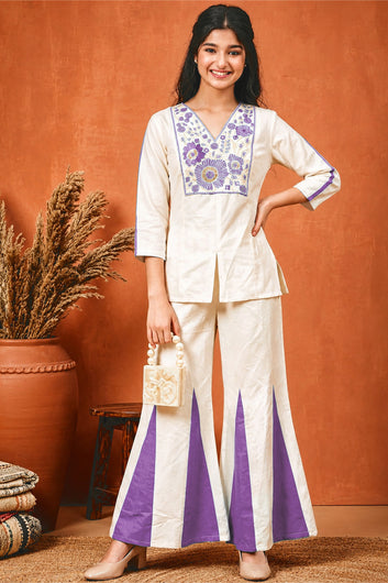 Girls Purple Cotton Embroidered Short Kurta And Kali Palazzo Set