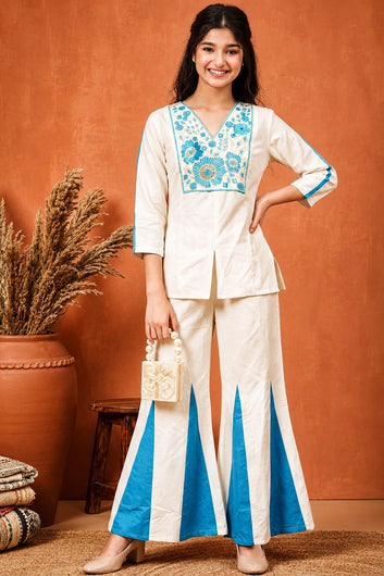 Girls Blue Cotton Embroidered Short Kurta And Kali Palazzo Set