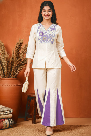 Girls Purple Cotton Embroidered Short Kurta And Kali Palazzo Set