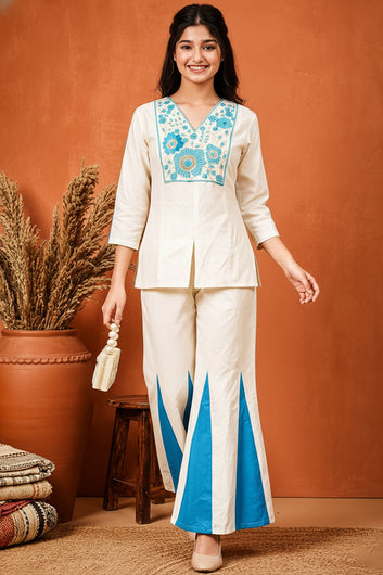 Girls Blue Cotton Embroidered Short Kurta And Kali Palazzo Set