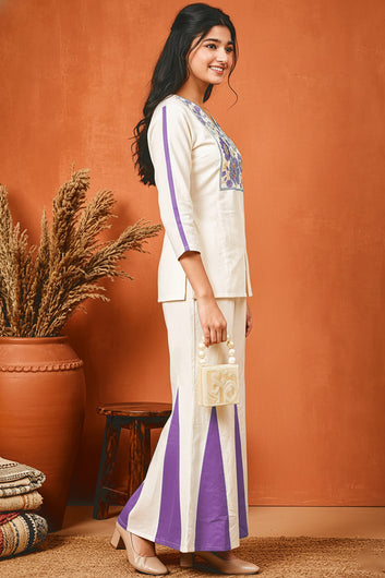 Girls Purple Cotton Embroidered Short Kurta And Kali Palazzo Set