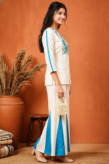 Girls Blue Cotton Embroidered Short Kurta And Kali Palazzo Set