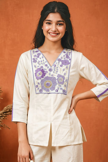 Girls Purple Cotton Embroidered Short Kurta And Kali Palazzo Set