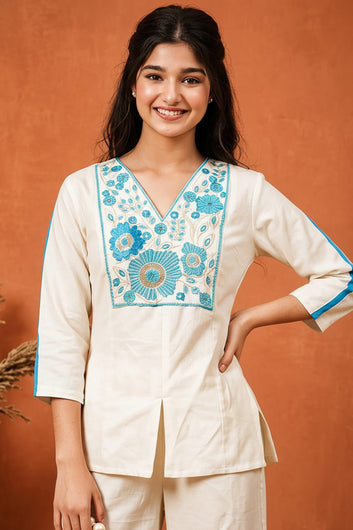 Girls Blue Cotton Embroidered Short Kurta And Kali Palazzo Set
